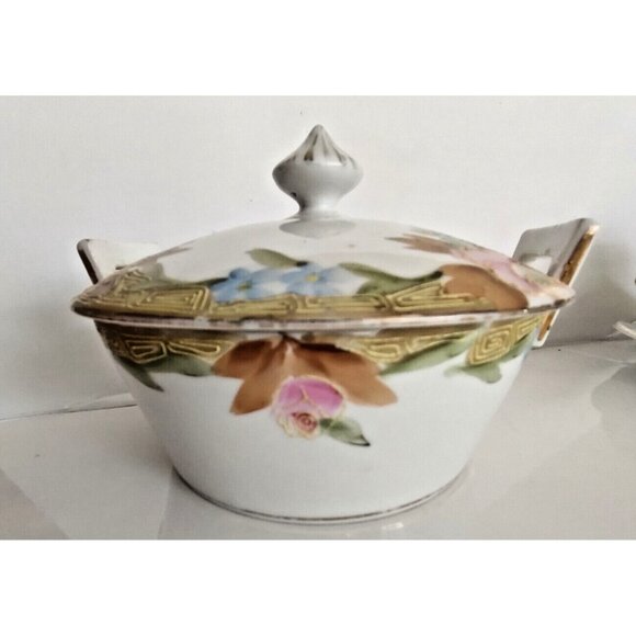 Vintage Hand Paint Gold Gilded Nippon Japan Lidded Bowl Rising Sun Mark 1920's - Picture 12 of 12